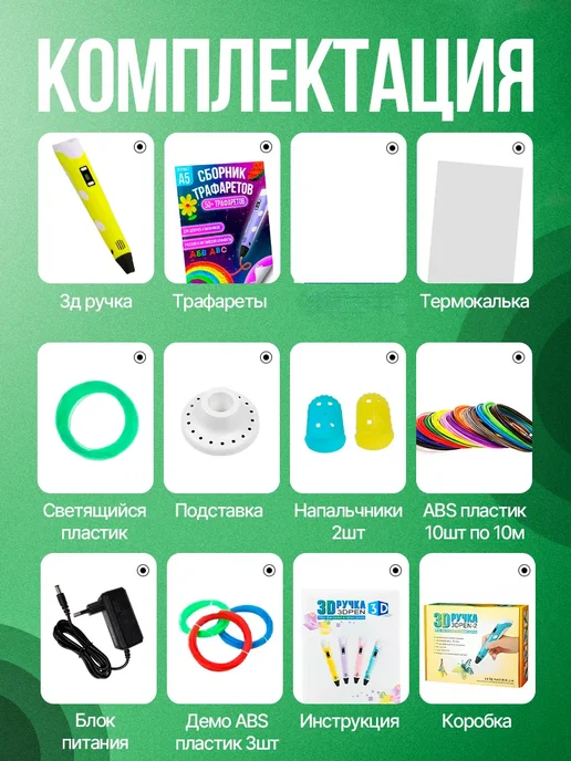 3Д Ручка желтая с набором пластика ABS трафаретами, розовый, фото 2