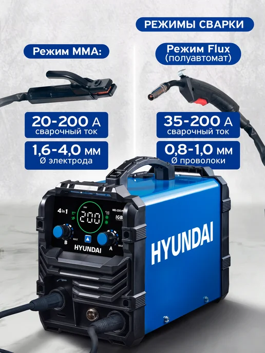 HYUNDAI Сварочный аппарат полуавтомат инверторный MIG 200А без газа, вариант, фото 2