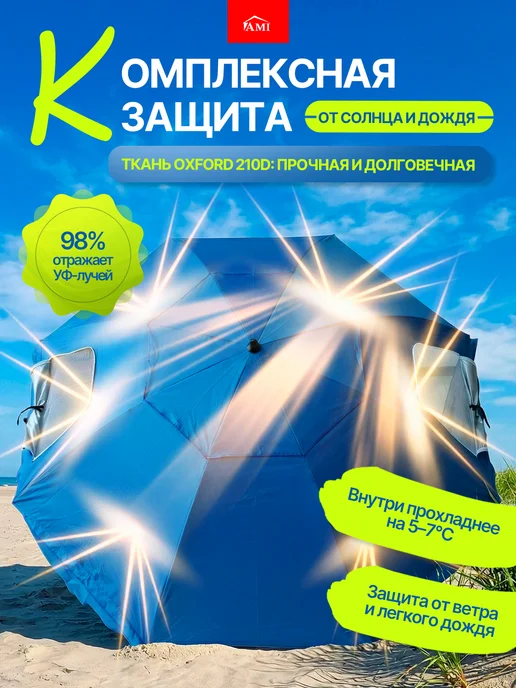 AMI Зонт пляжный большой палатка от солнца садовый складной, синий, фото 5