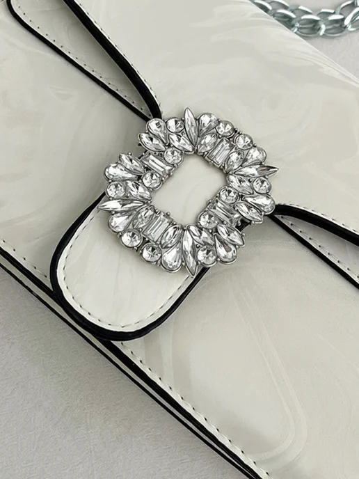 DESIGNER JEWERLY Сумка вечерняя маленькая, клатч кросс боди, блестящая пряжка, белый, фото 7
