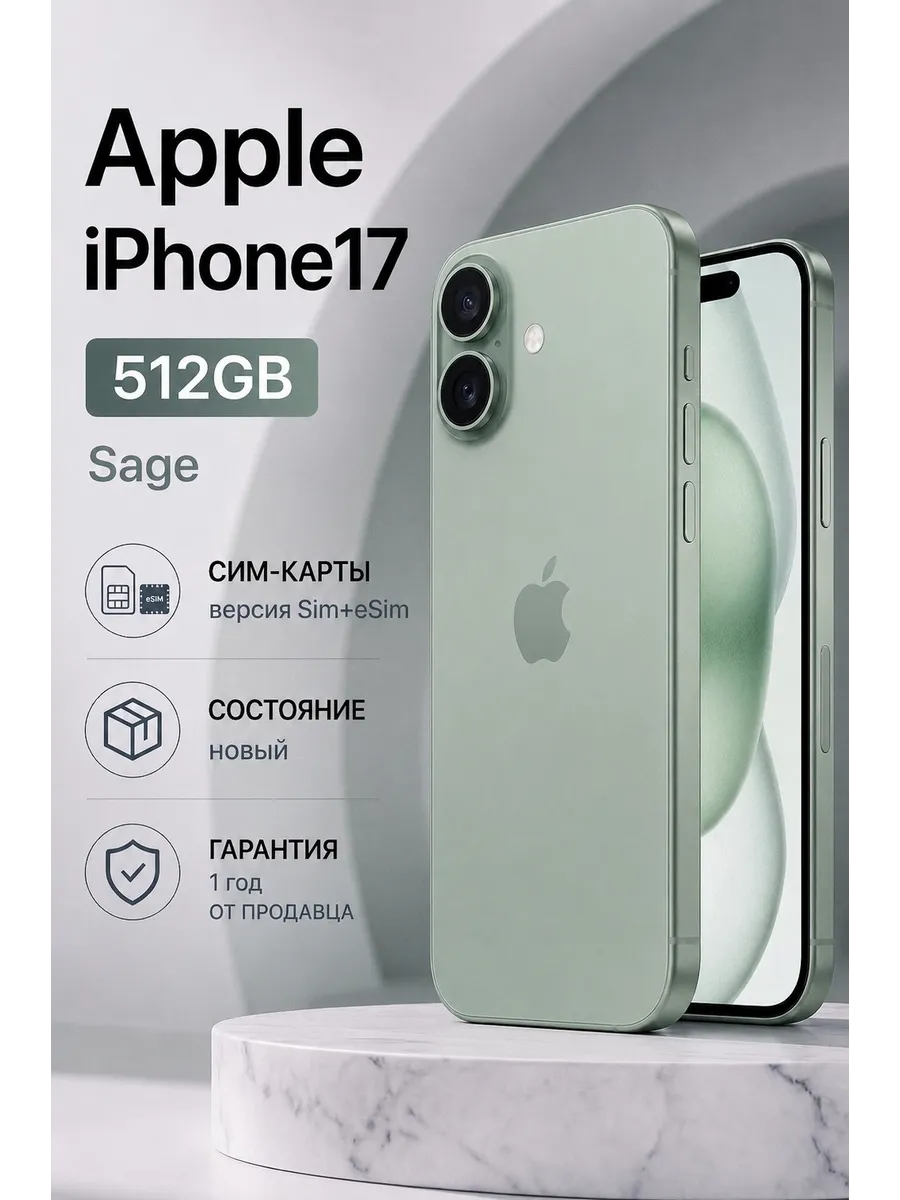 Смартфон iPhone 17 512 ГБ, Dual nano SIM + еSIM, шалфей