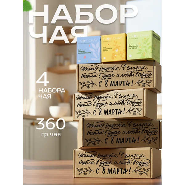 Комплект из 4 подарочных наборов чая 3 вкуса в коробке