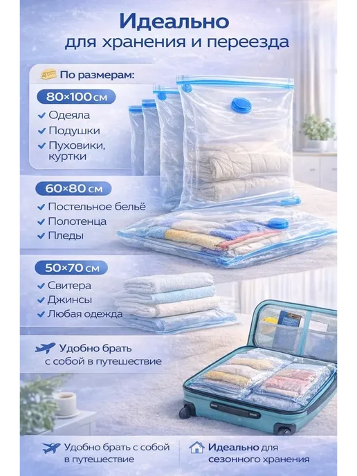AikaJor Вакуумные пакеты для хранения вещей с насосом, набор 5 шт, 5 шт, фото 3