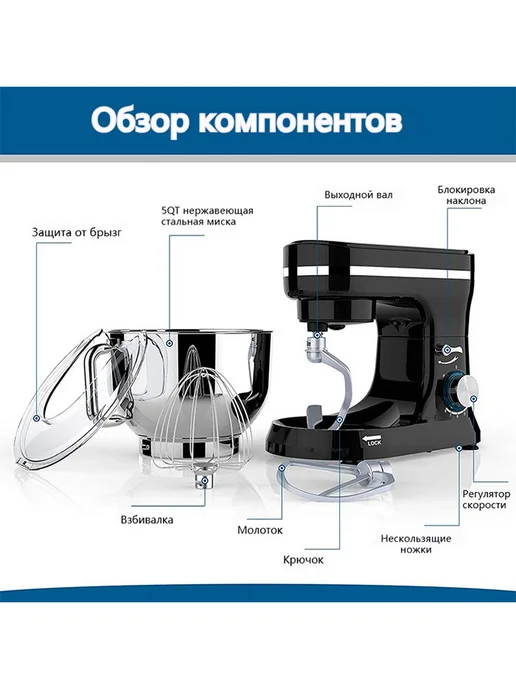 Бытовой кухонный миксер объем 5 л 1500 Вт, 5 л, 1500 Вт, фото 3