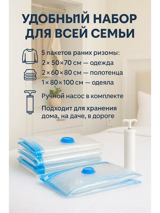 Baeff вакуумные набор пакеты для хранения вещей с ручным насосом, белый, фото 3