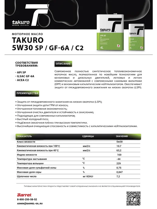 Takuro Масло моторное 5W30 SP FULLY SYNTHETIC 4 литра, 4 л, фото 4