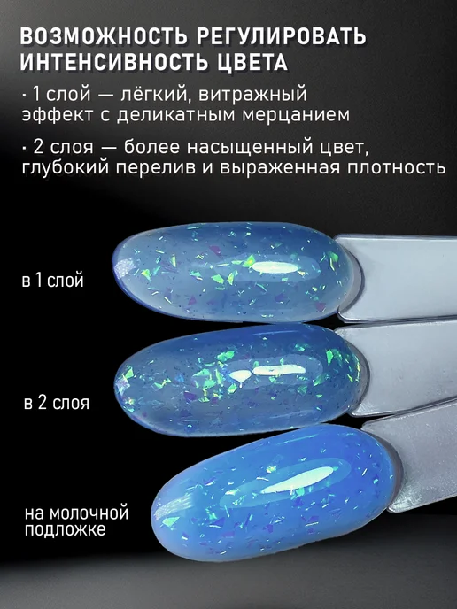 way art team Гель лак для ногтей с хлопьями юки полупрозрачный витражный, голубой, фото 5