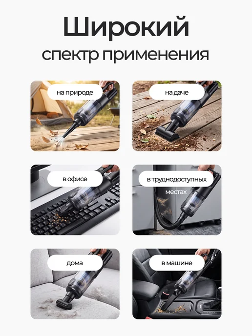 HEFFNER Пылесос для автомобиля мощный беспроводной на аккумуляторе, черный, фото 3