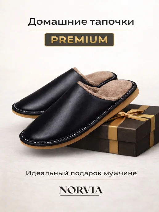 NORVIA Тапочки домашние мужские кожаные закрытые, черный