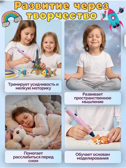 SIDHOME 3д ручка набор с пластиком 3D ручка детская, розовый, фото 4