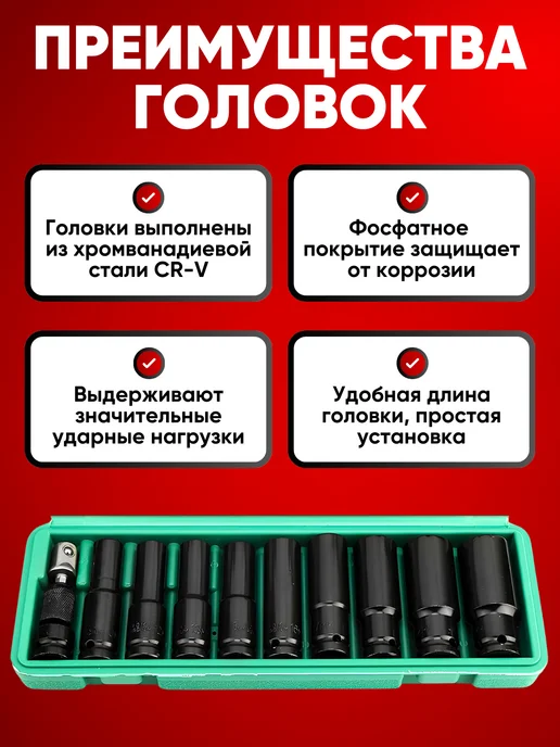 Набор головки ударные торцевые 11 предметов 1 2, вариант, фото 4