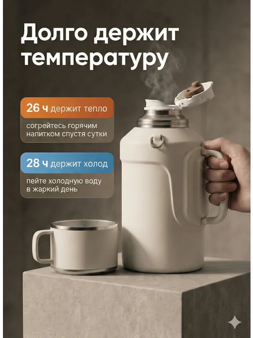 tikitaka Термос 2 литра с кружкой для чая металлический походный, белый, фото 4
