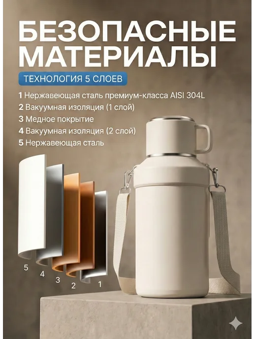 tikitaka Термос 2 литра с кружкой для чая металлический походный, белый, фото 5
