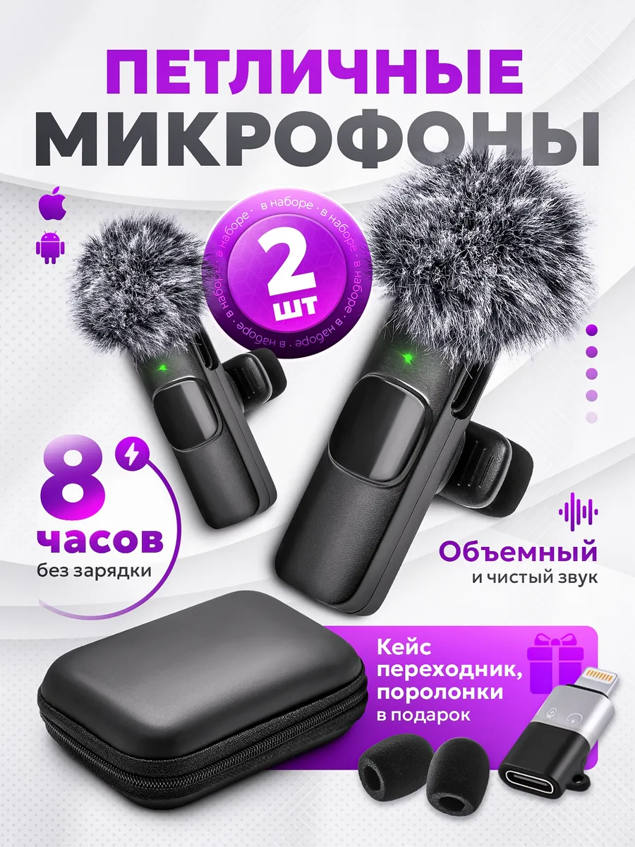 Микрофон петличный беспроводной с ветрозащитой в кейсе