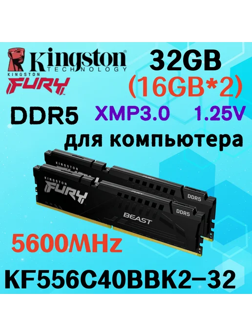 Kingston Fury Оперативная память Beast DDR5 5600MHz 16gb 2x8gb Чёрный, 32 ГБ, 16 ГБ