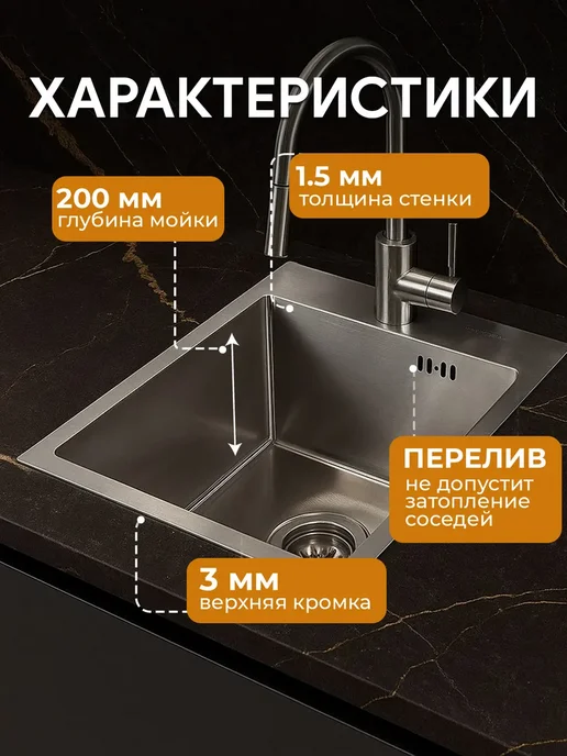 FABIA PROFI Мойка кухонная врезная с колландером и сифоном, серый, фото 4