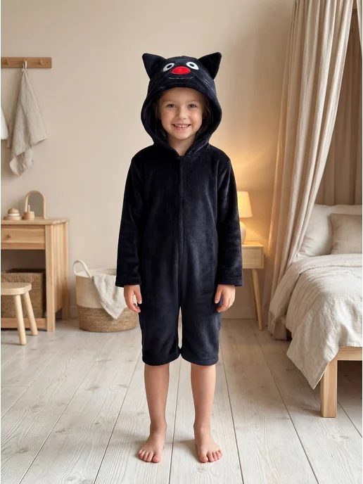 Три кота Кигуруми детский, Сажик, ONESIZE, велсофт, черный, фото 2
