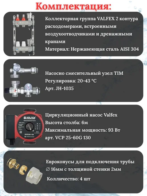 VALFEX Коллектор для теплого пола 5 контуров до 100 кв.м, 2 контура 40, фото 2
