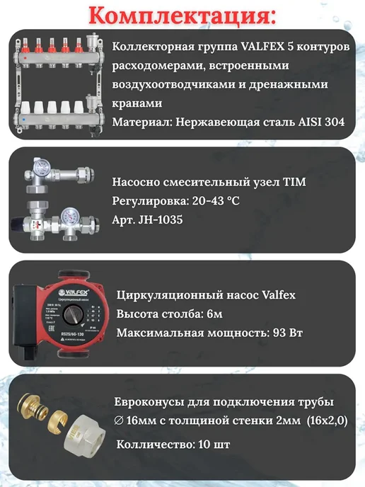 VALFEX Коллектор для теплого пола 5 контуров до 100 кв.м, 5 контуров 100, фото 2