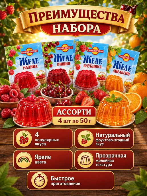 Желе Русский продукт ассорти 4 шт по 50 гр, 4 шт, 50 г, фото 2