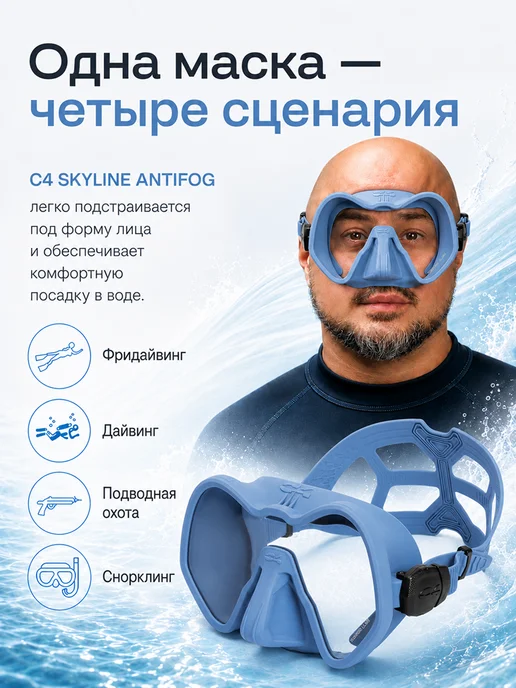 C4 CARBON Маска для плавания взрослая C4 SKYLINE ANTIFOG, голубой, фото 3